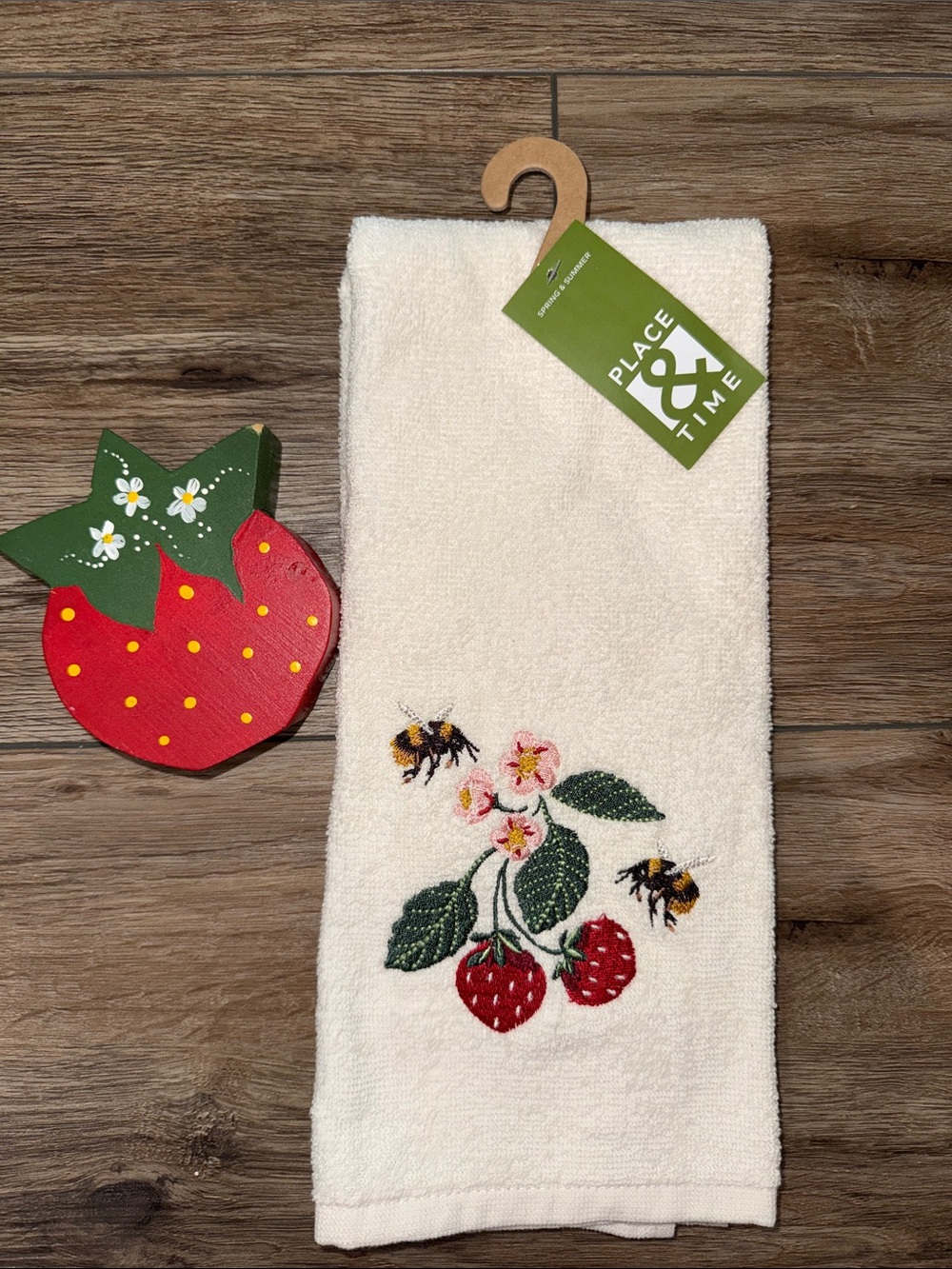 Place & Time Embroidered Strawberry Kitchen Towel and hand painted wooden berry